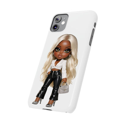 Slim Phone Case — Fashion Doll Girl with Blonde Hair, Leather Pants & Silver Handbag