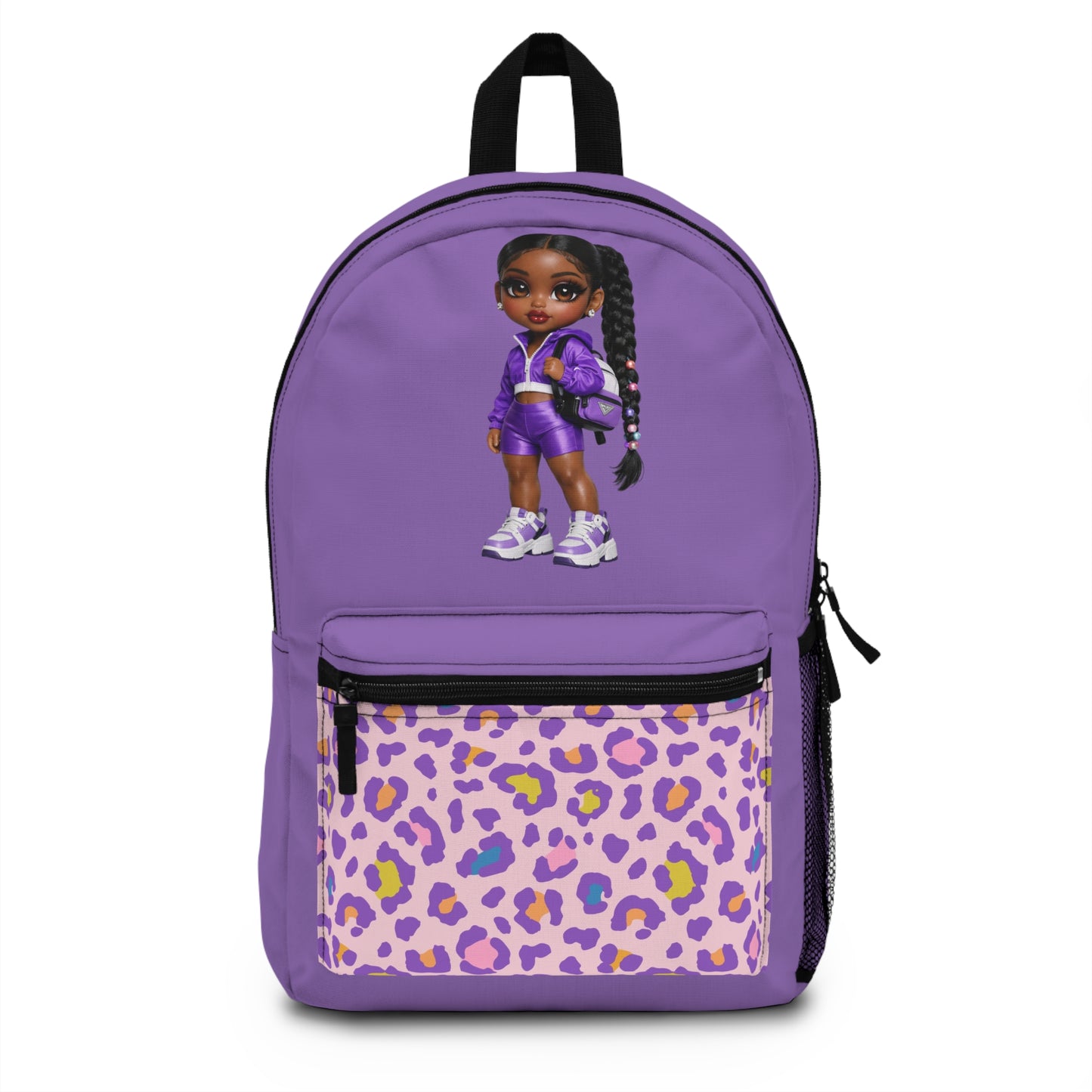 Purple Leopard Kids Backpack with Cute Doll Graphic — School Bag for Girls