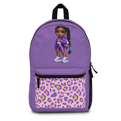 Purple Leopard Kids Backpack with Cute Doll Graphic — School Bag for Girls