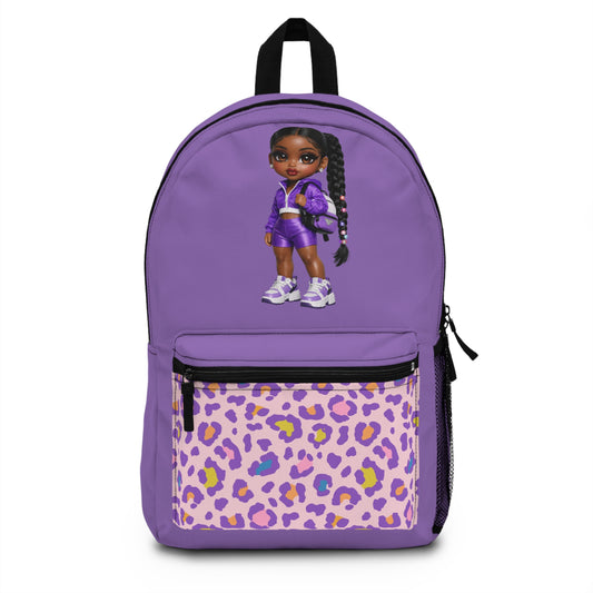 Purple Leopard Kids Backpack with Cute Doll Graphic — School Bag for Girls