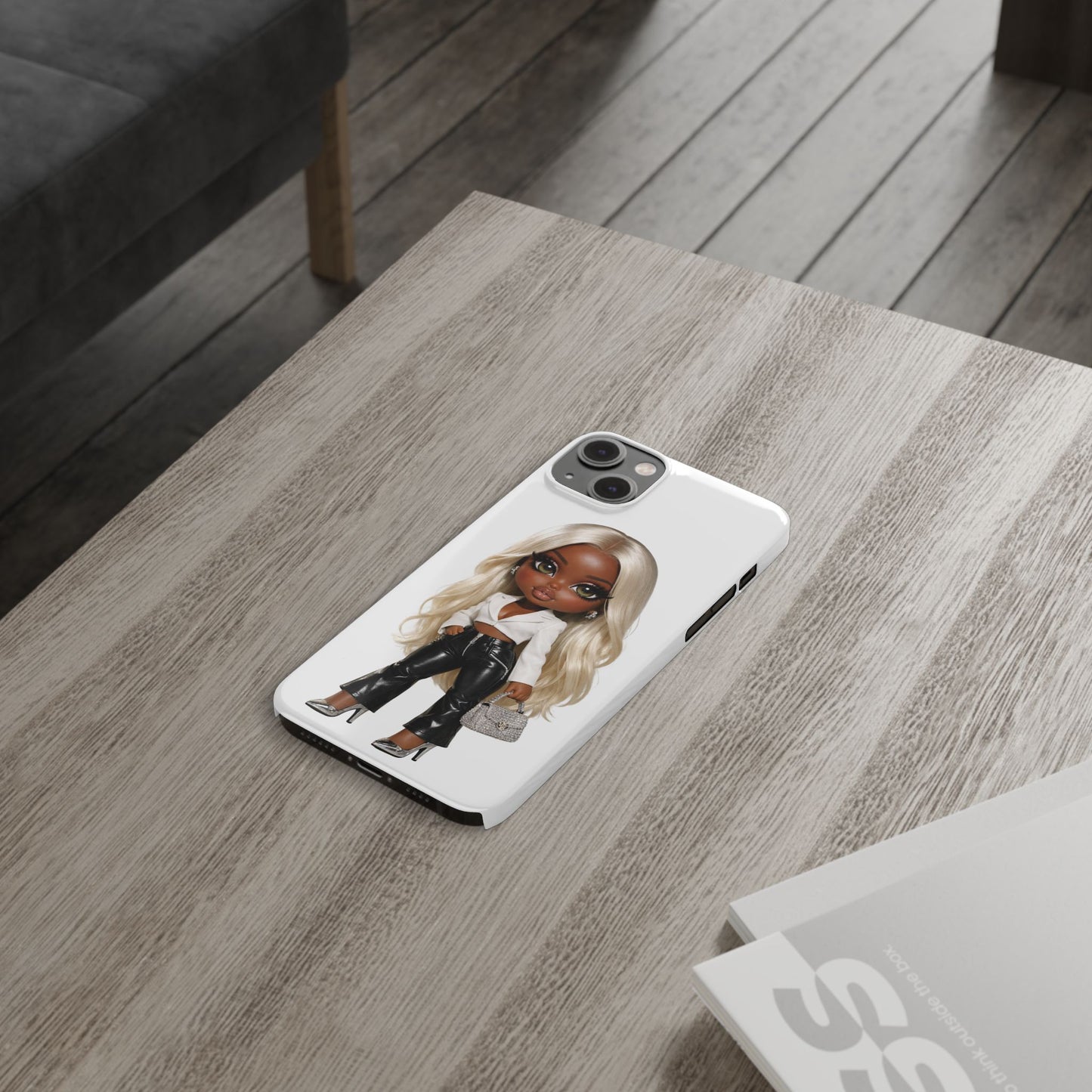 Slim Phone Case — Fashion Doll Girl with Blonde Hair, Leather Pants & Silver Handbag