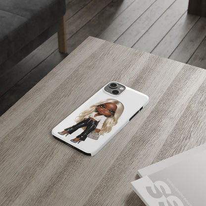 Slim Phone Case — Fashion Doll Girl with Blonde Hair, Leather Pants & Silver Handbag