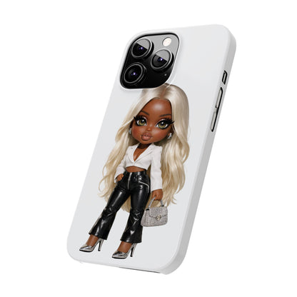 Slim Phone Case — Fashion Doll Girl with Blonde Hair, Leather Pants & Silver Handbag