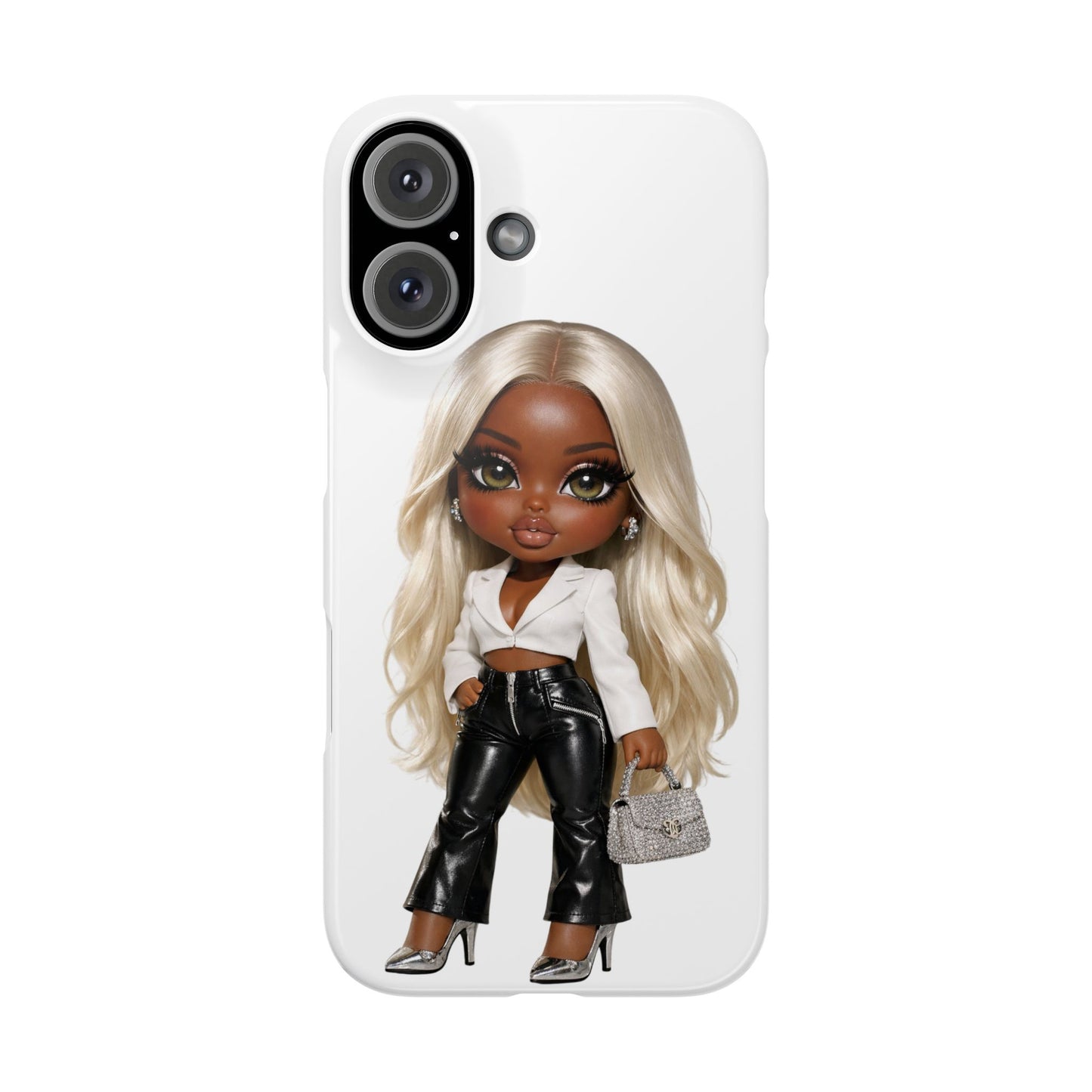 Slim Phone Case — Fashion Doll Girl with Blonde Hair, Leather Pants & Silver Handbag