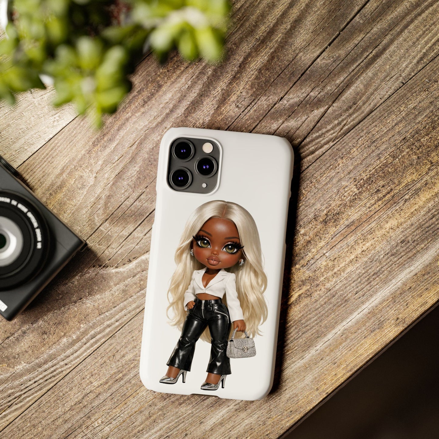Slim Phone Case — Fashion Doll Girl with Blonde Hair, Leather Pants & Silver Handbag