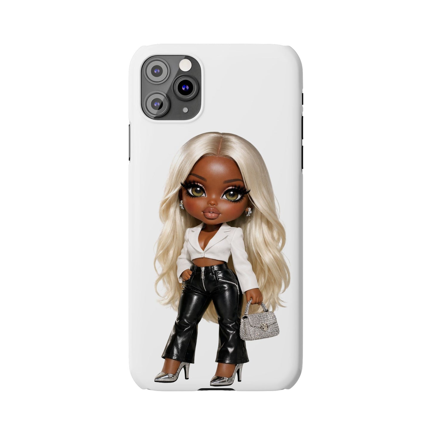 Slim Phone Case — Fashion Doll Girl with Blonde Hair, Leather Pants & Silver Handbag