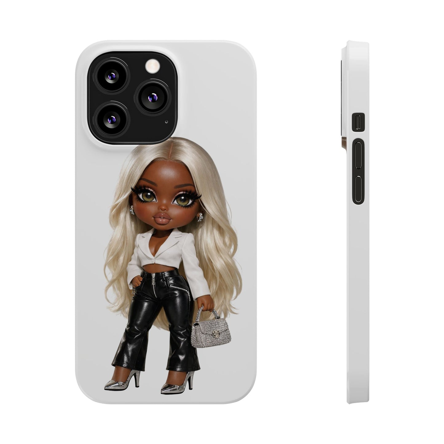 Slim Phone Case — Fashion Doll Girl with Blonde Hair, Leather Pants & Silver Handbag