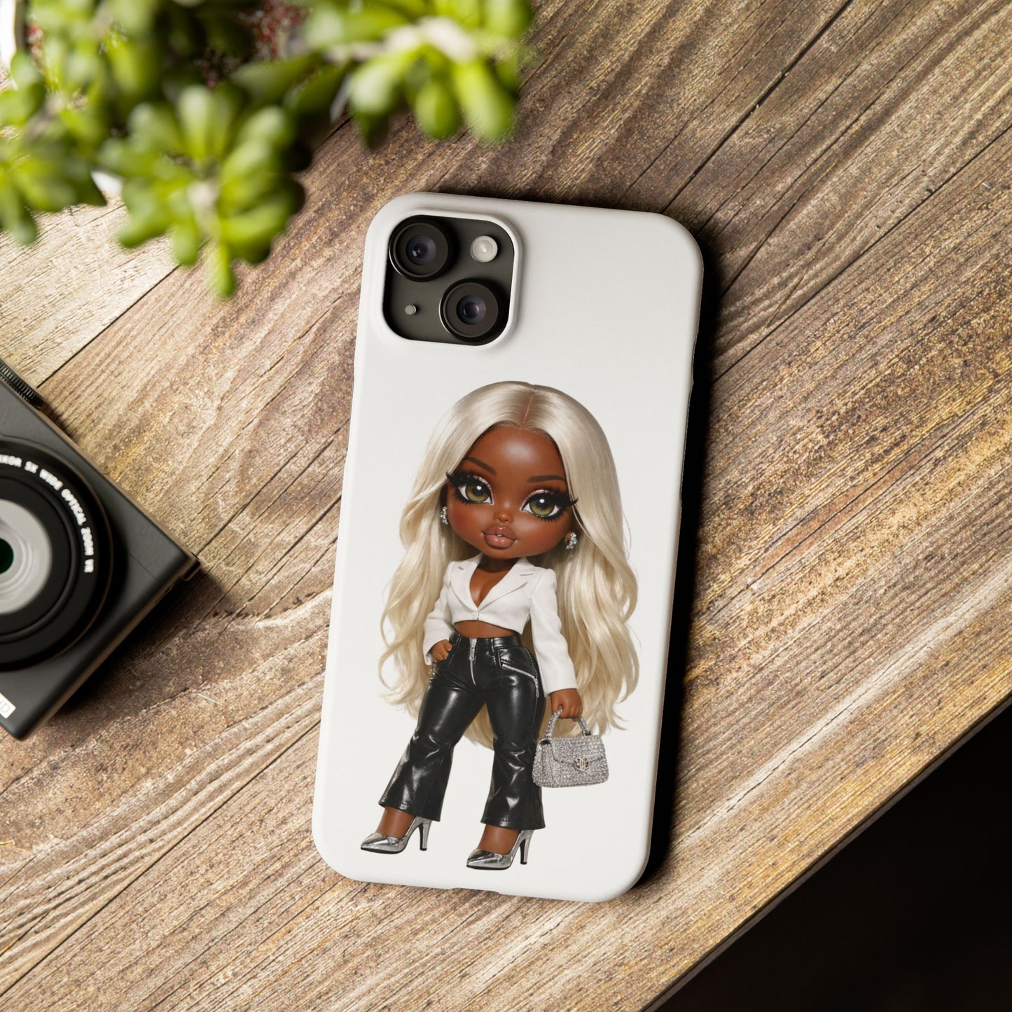 Slim Phone Case — Fashion Doll Girl with Blonde Hair, Leather Pants & Silver Handbag