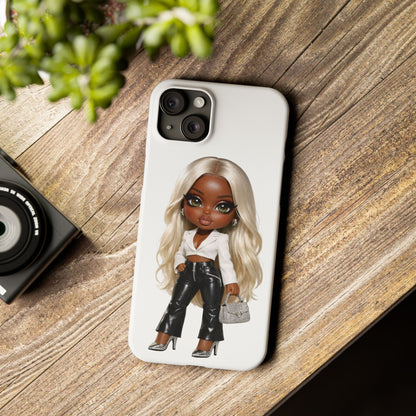 Slim Phone Case — Fashion Doll Girl with Blonde Hair, Leather Pants & Silver Handbag