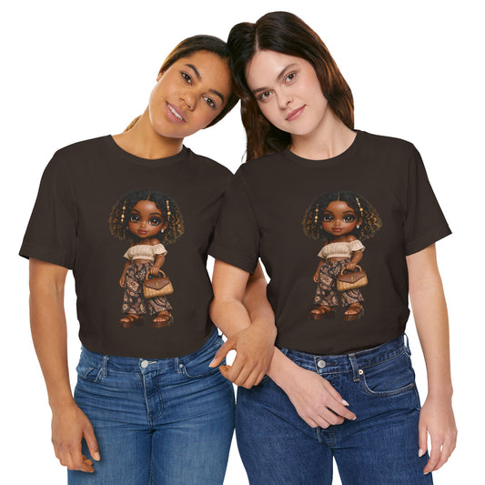 Afro Chic Doll Graphic Tee - Cute Brown Girl Illustration T-Shirt