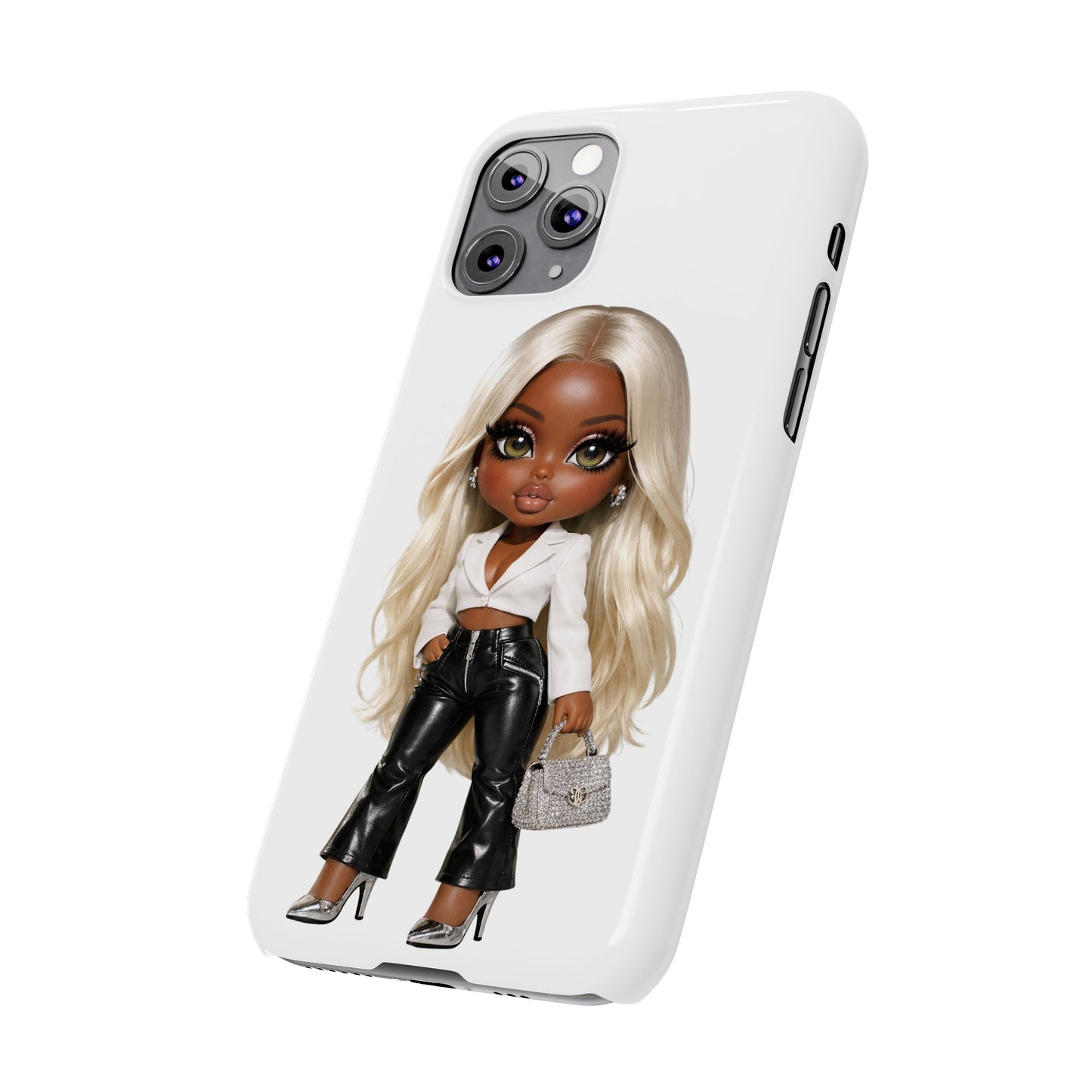 Slim Phone Case — Fashion Doll Girl with Blonde Hair, Leather Pants & Silver Handbag