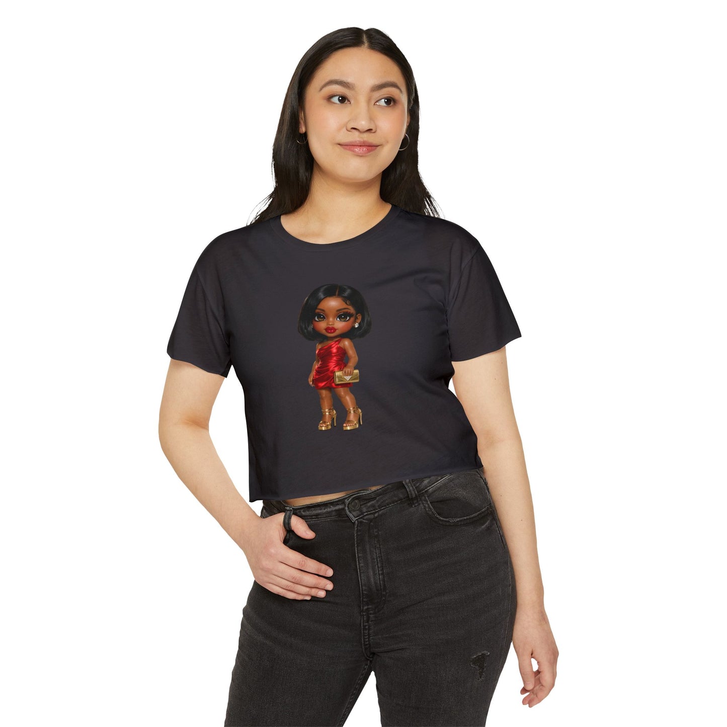Women's Festival Crop Top — Glam Doll Graphic Crop Tee for Parties & Festivals