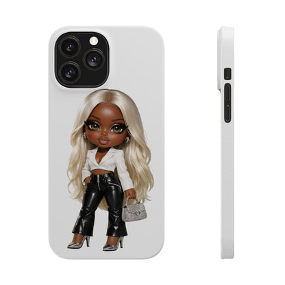 Slim Phone Case — Fashion Doll Girl with Blonde Hair, Leather Pants & Silver Handbag