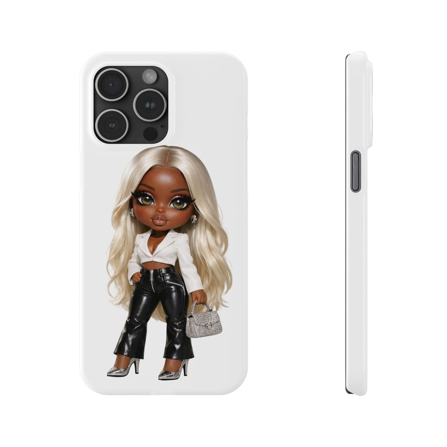 Slim Phone Case — Fashion Doll Girl with Blonde Hair, Leather Pants & Silver Handbag