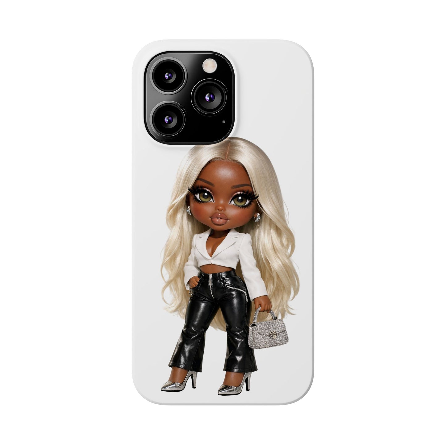 Slim Phone Case — Fashion Doll Girl with Blonde Hair, Leather Pants & Silver Handbag