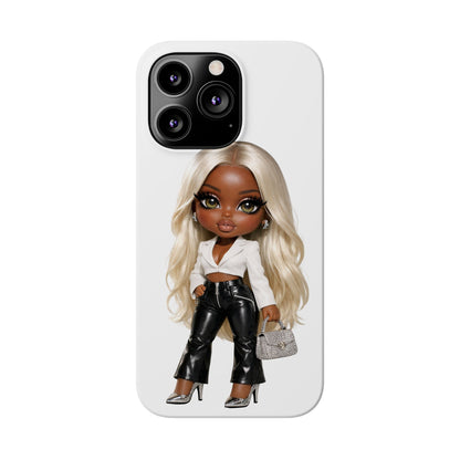 Slim Phone Case — Fashion Doll Girl with Blonde Hair, Leather Pants & Silver Handbag