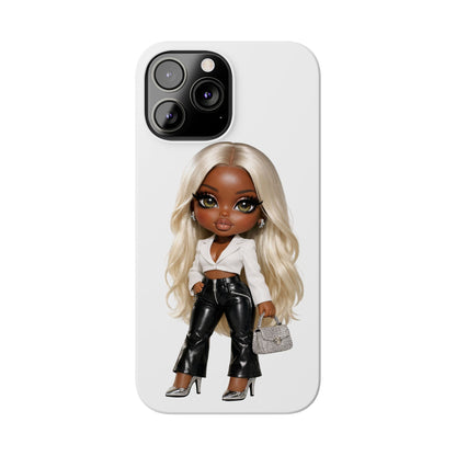 Slim Phone Case — Fashion Doll Girl with Blonde Hair, Leather Pants & Silver Handbag