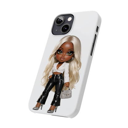 Slim Phone Case — Fashion Doll Girl with Blonde Hair, Leather Pants & Silver Handbag