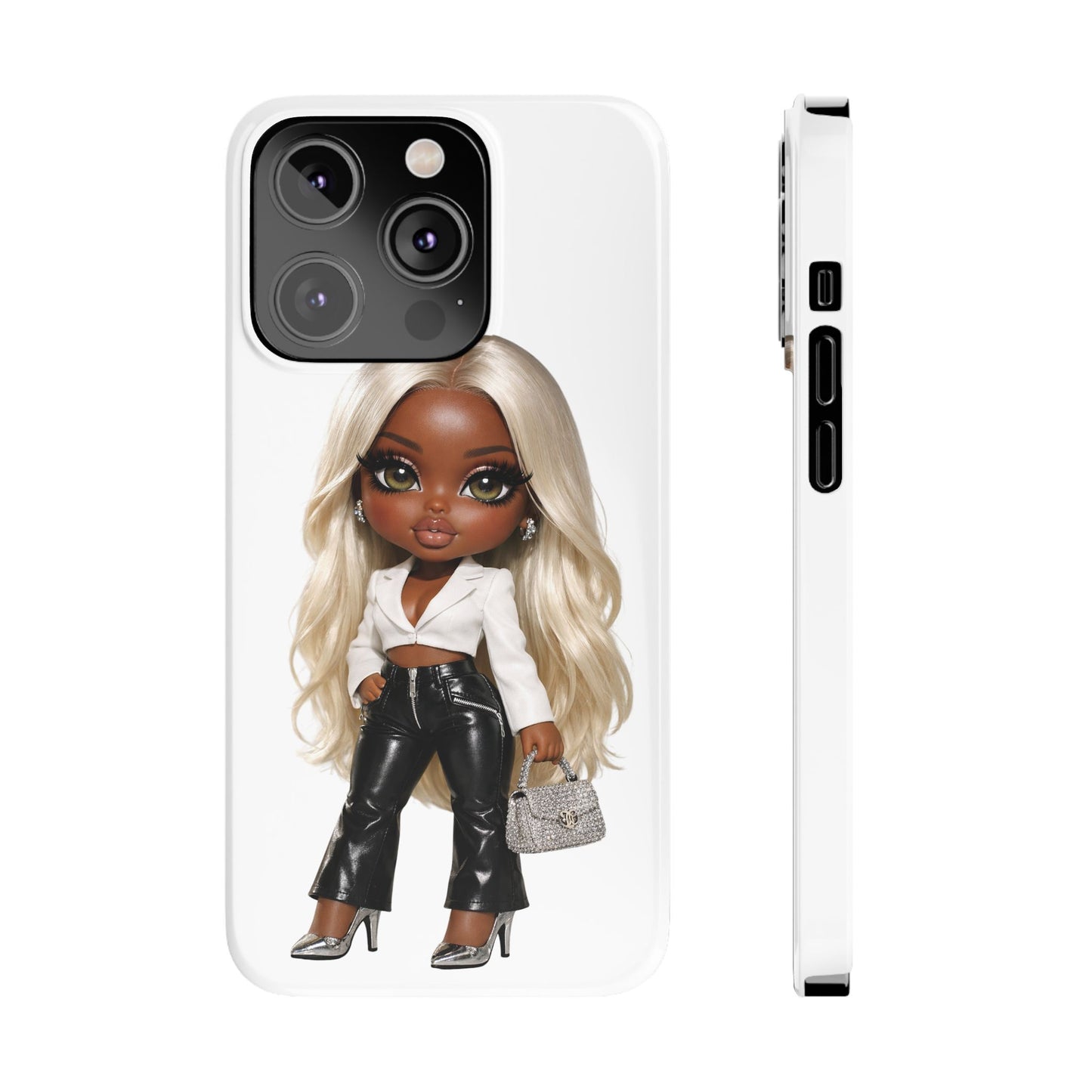Slim Phone Case — Fashion Doll Girl with Blonde Hair, Leather Pants & Silver Handbag