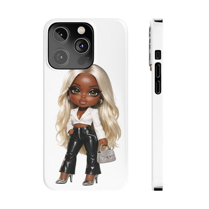 Slim Phone Case — Fashion Doll Girl with Blonde Hair, Leather Pants & Silver Handbag