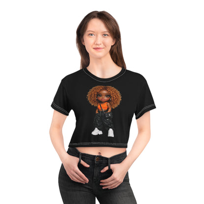 Crop Tee — Curly Brown Doll Graphic Crop Tee (Cute Urban Girl Aesthetic)