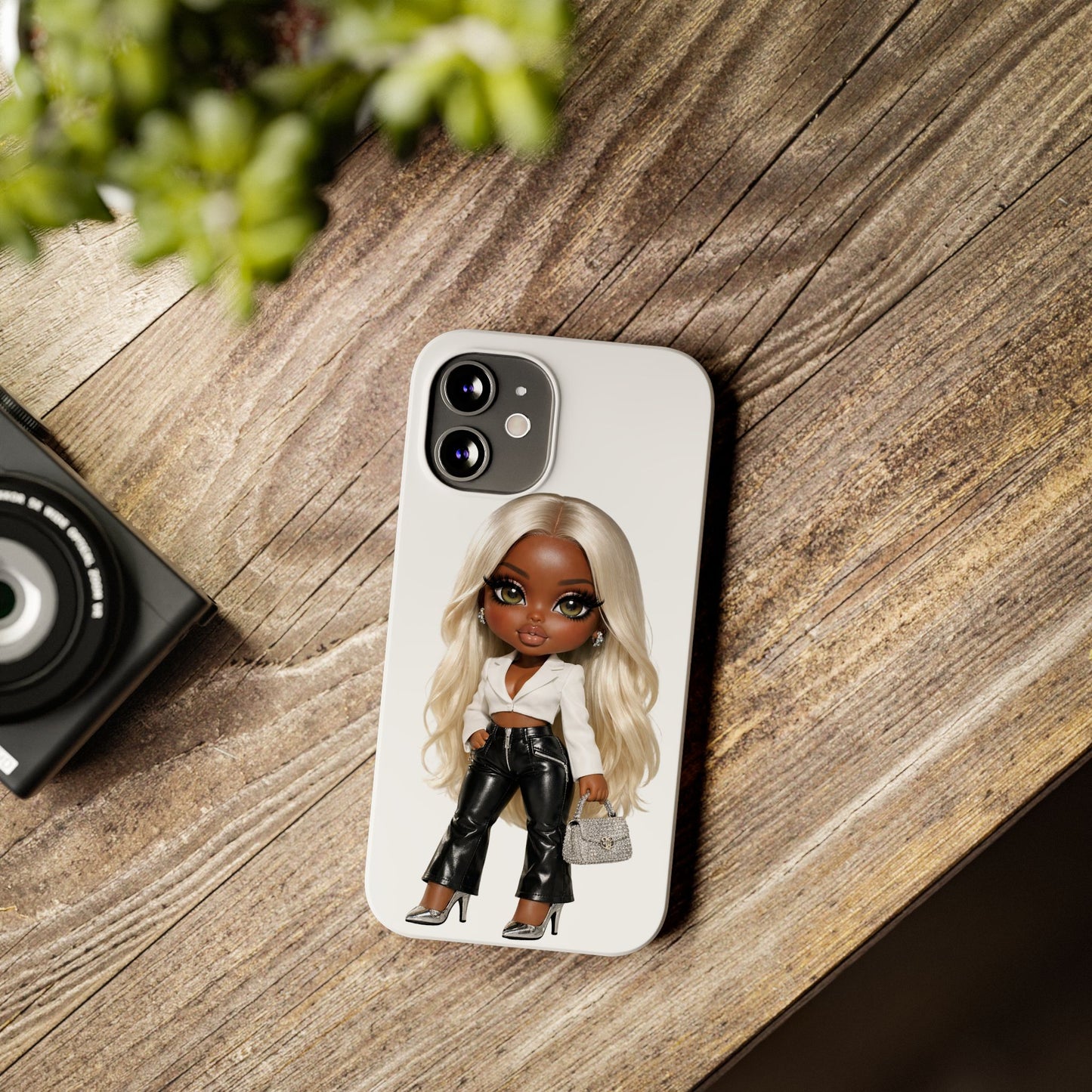 Slim Phone Case — Fashion Doll Girl with Blonde Hair, Leather Pants & Silver Handbag