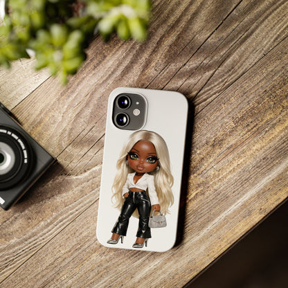 Slim Phone Case — Fashion Doll Girl with Blonde Hair, Leather Pants & Silver Handbag