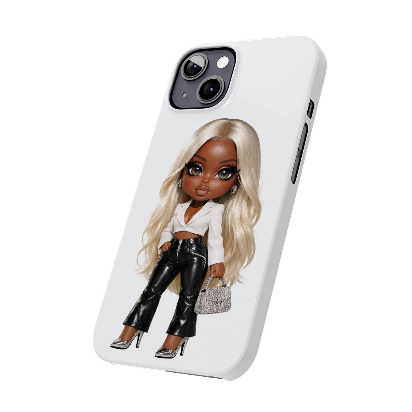 Slim Phone Case — Fashion Doll Girl with Blonde Hair, Leather Pants & Silver Handbag